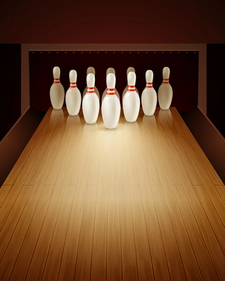 Bowling game with bowling lane ten pins and ball realistic vector illustration