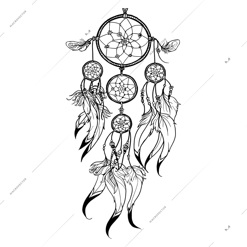 Doodle dreamcatcher with feather decoration isolated on white background vector illustration