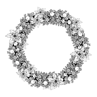 Black and white christmas holiday decoration wreath frame vector illustration