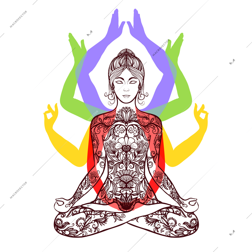 Yoga meditating woman in lotus asana with 4 mudras poses spiritual lifestyle center poster abstract vector illustration