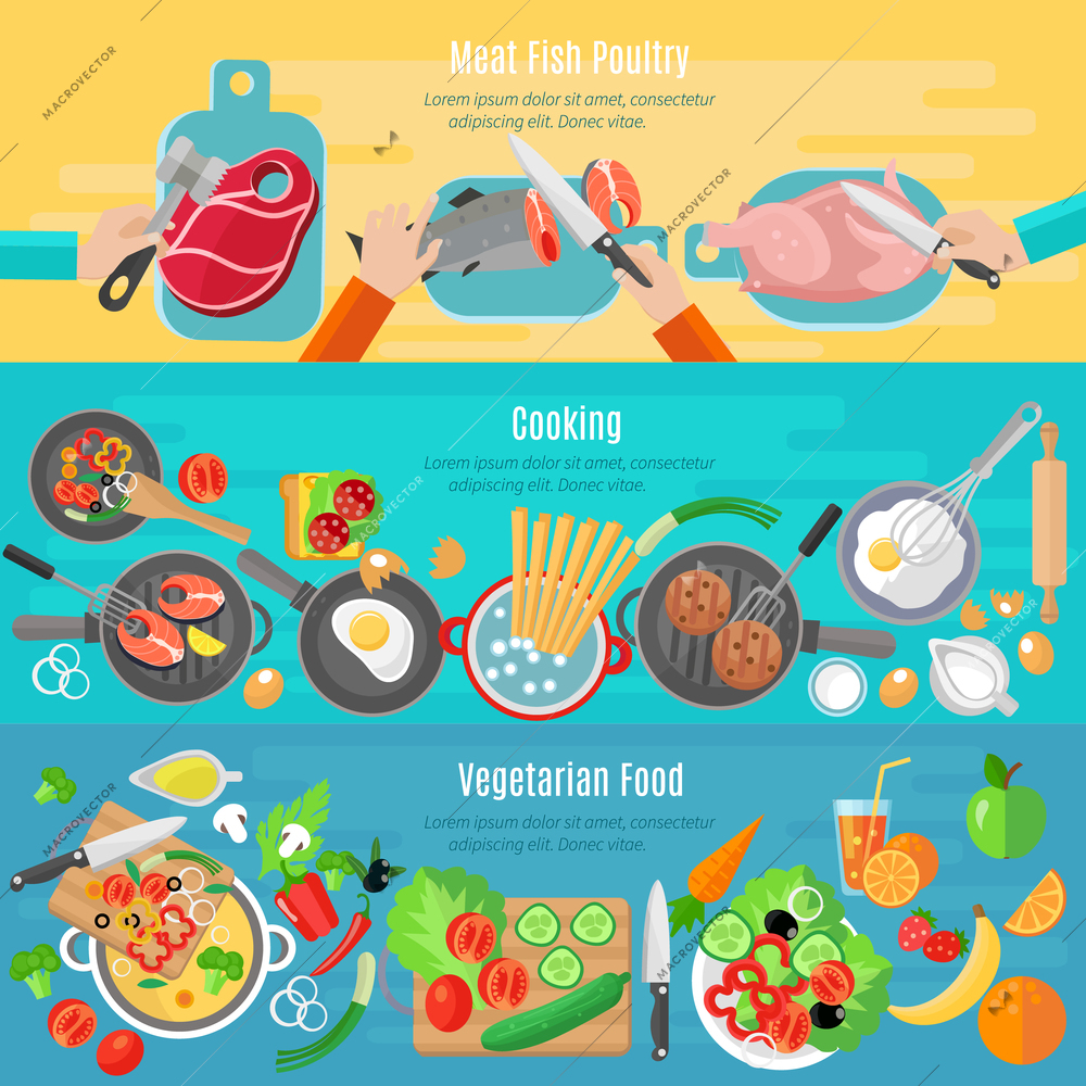 Healthy vegetarian diet dishes and meat fish poultry home cooking flat banners set abstract isolated vector illustration