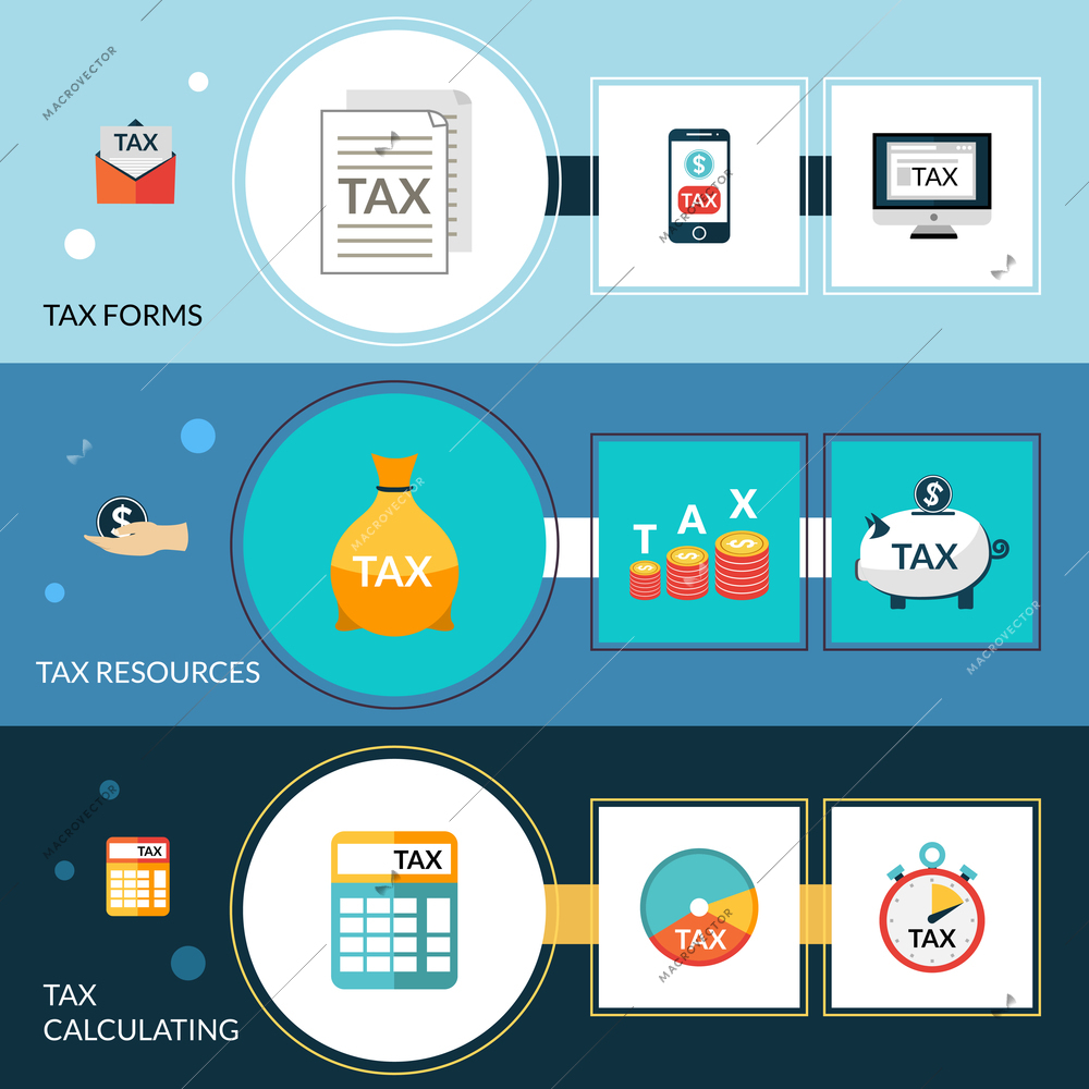 Tax horizontal banner set with forms resources and calculating elements isolated vector illustration