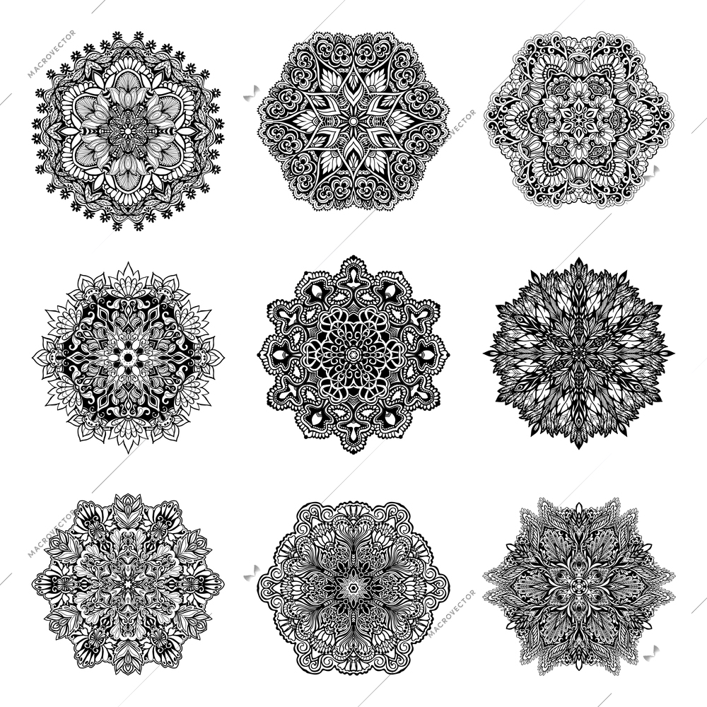 Decorative black and white mandala symbols set isolated vector illustration