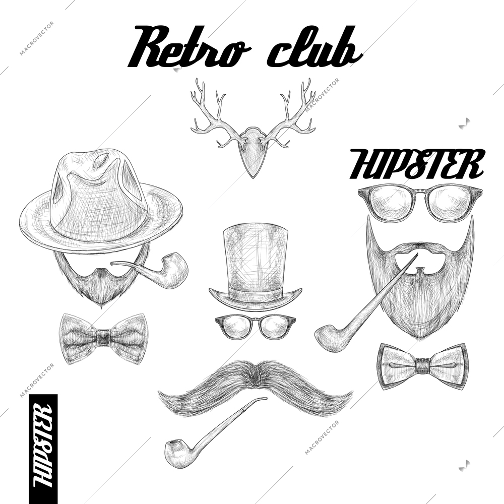 Retro hipster club accessories set for gentleman of glasses hat tobacco pipe bow mustache and beard isolated sketch vector illustration