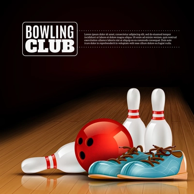 Indoor bowls club poster for members and visitors with shoes ball and pins realistic colorful vector illustration