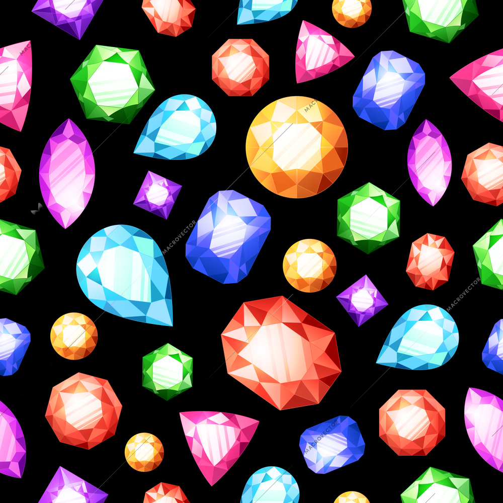 Bright gemstones on black background realistic seamless pattern isolated vector illustration