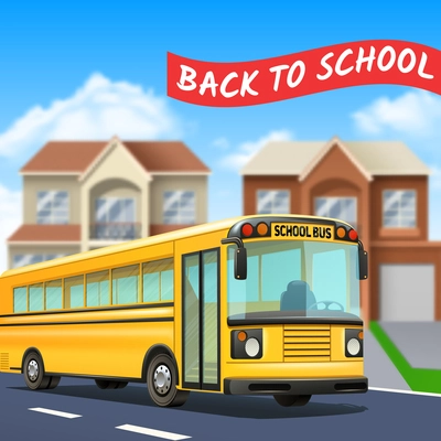 School bus on street with back to school title road and houses realistic vector illustration