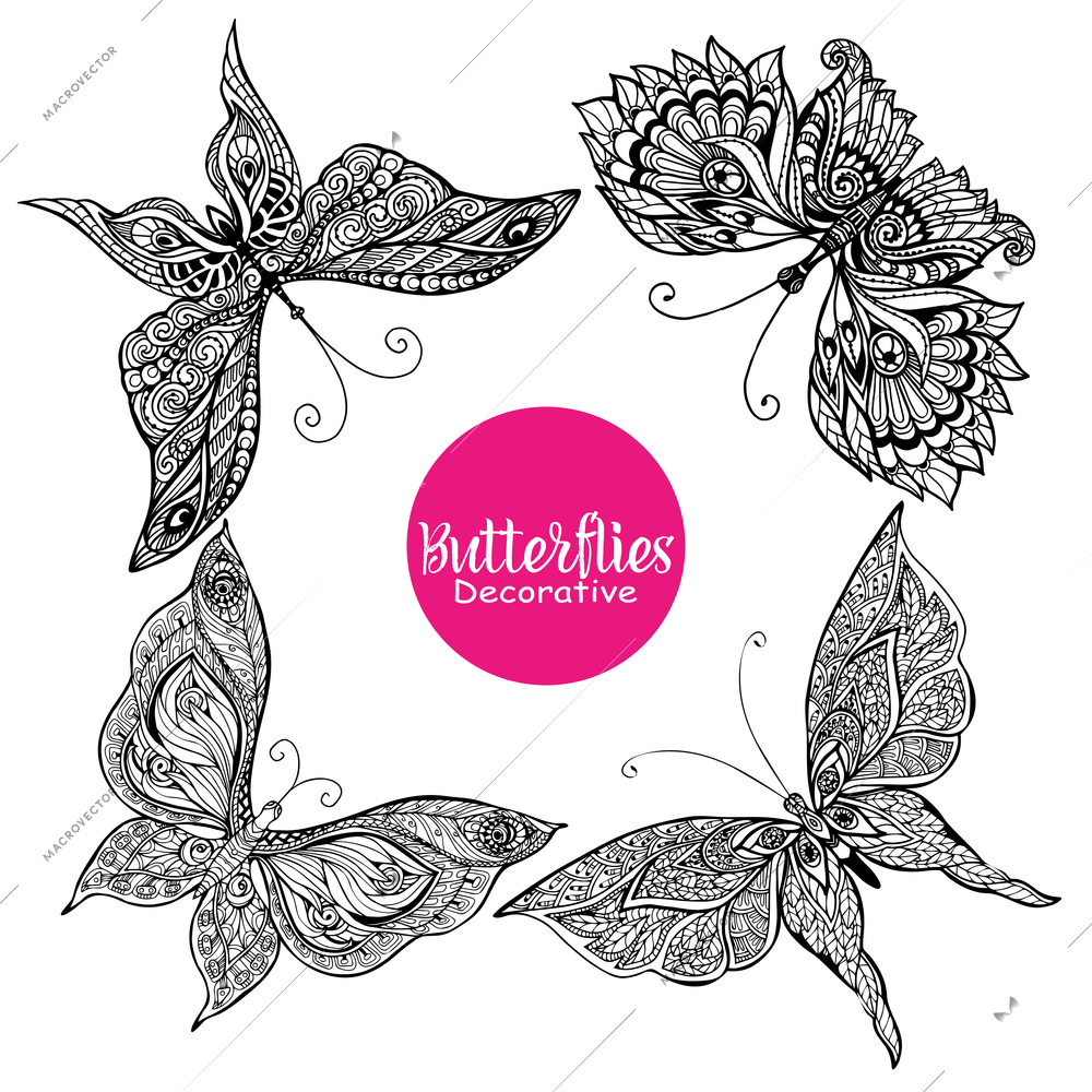 Decorative butterflies set with ornamental decor on wings isolated vector illustration