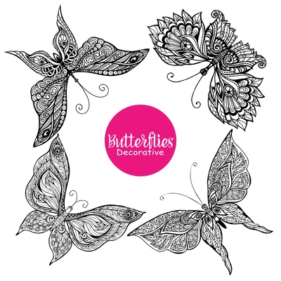 Decorative butterflies set with ornamental decor on wings isolated vector illustration