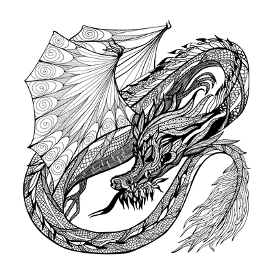 Wild ancient black sketch dragon with decorative ornament vector illustration