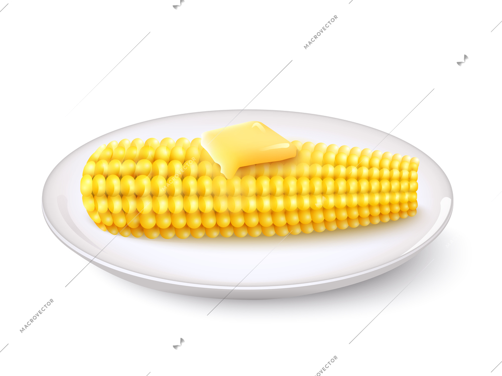 Realistic corn cob with butter on white saucer vector illustration