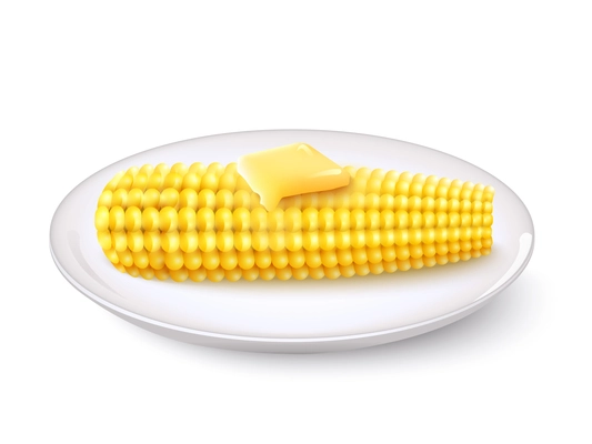 Realistic corn cob with butter on white saucer vector illustration