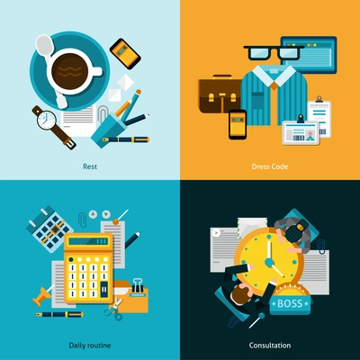 Office design concept set with daily routine flat icons isolated vector illustration