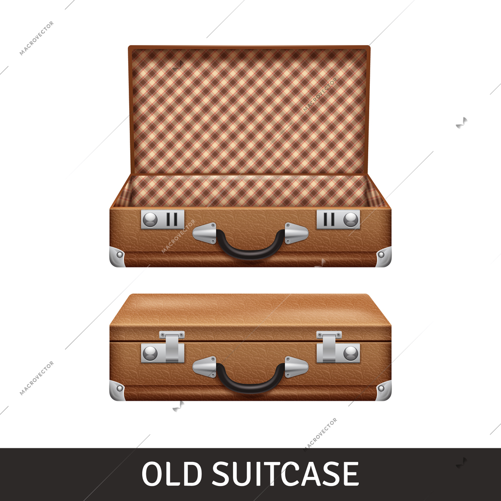 Old brown opened and closed suitcase realistic design isolated vector illustration