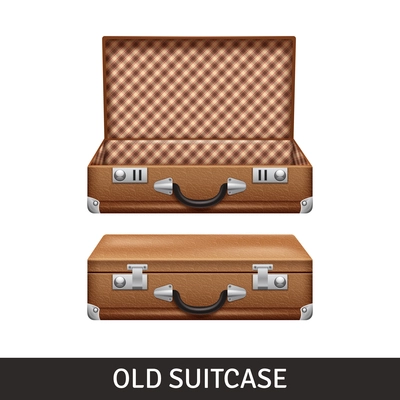 Old brown opened and closed suitcase realistic design isolated vector illustration