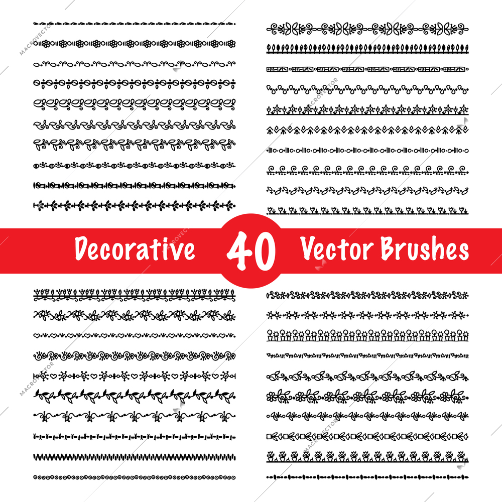 Decorative vector brush and art borders black set isolated illustration