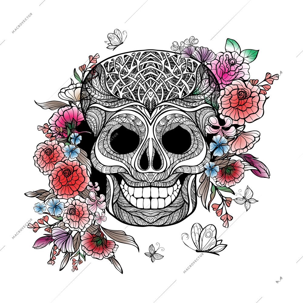 Day of the dead concept with sketch human skull and flowers vector illustration