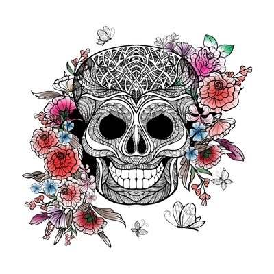 Day of the dead concept with sketch human skull and flowers vector illustration