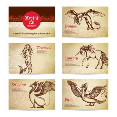 Mythical creatures hand drawn cards set with dragon mermaid and unicorn isolated vector illustration