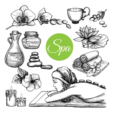 Hand drawn spa treatment set with woman and body care symbols isolated vector illustration