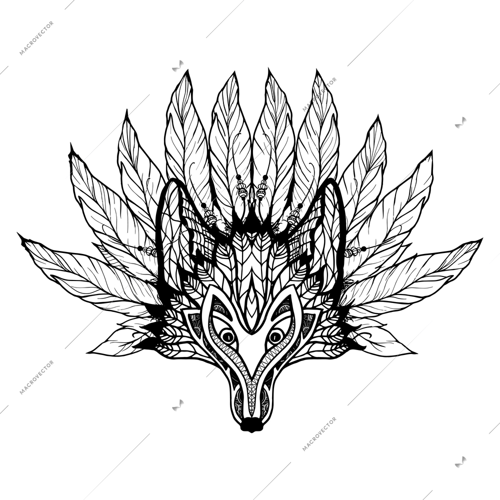 Doodle wolf mask with decorative pattern and feathers vector illustration