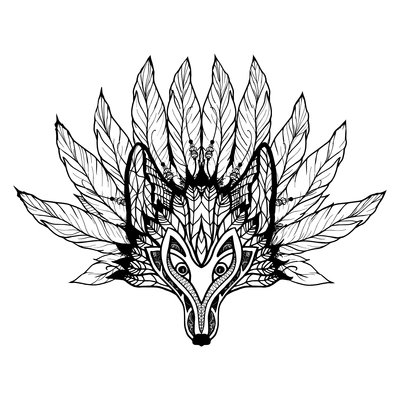 Doodle wolf mask with decorative pattern and feathers vector illustration