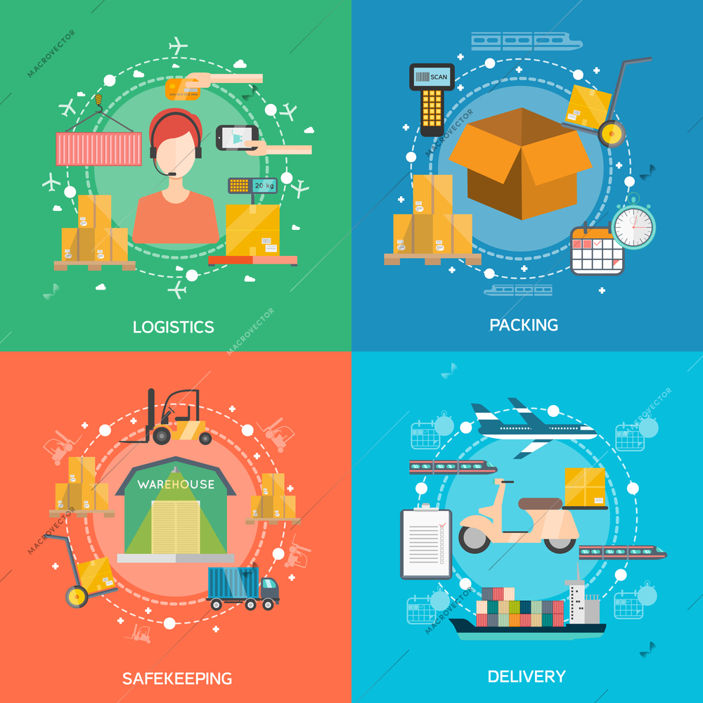 Logistics concept icons set with packing safekeeping and delivery symbols flat isolated vector illustration