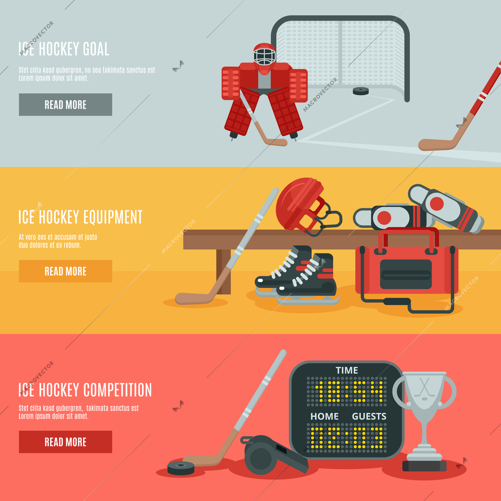 Ice hockey horizontal banners set with equipment cup and goal flat isolated vector illustration