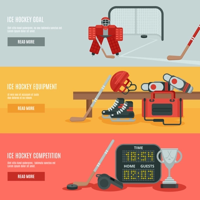 Ice hockey horizontal banners set with equipment cup and goal flat isolated vector illustration