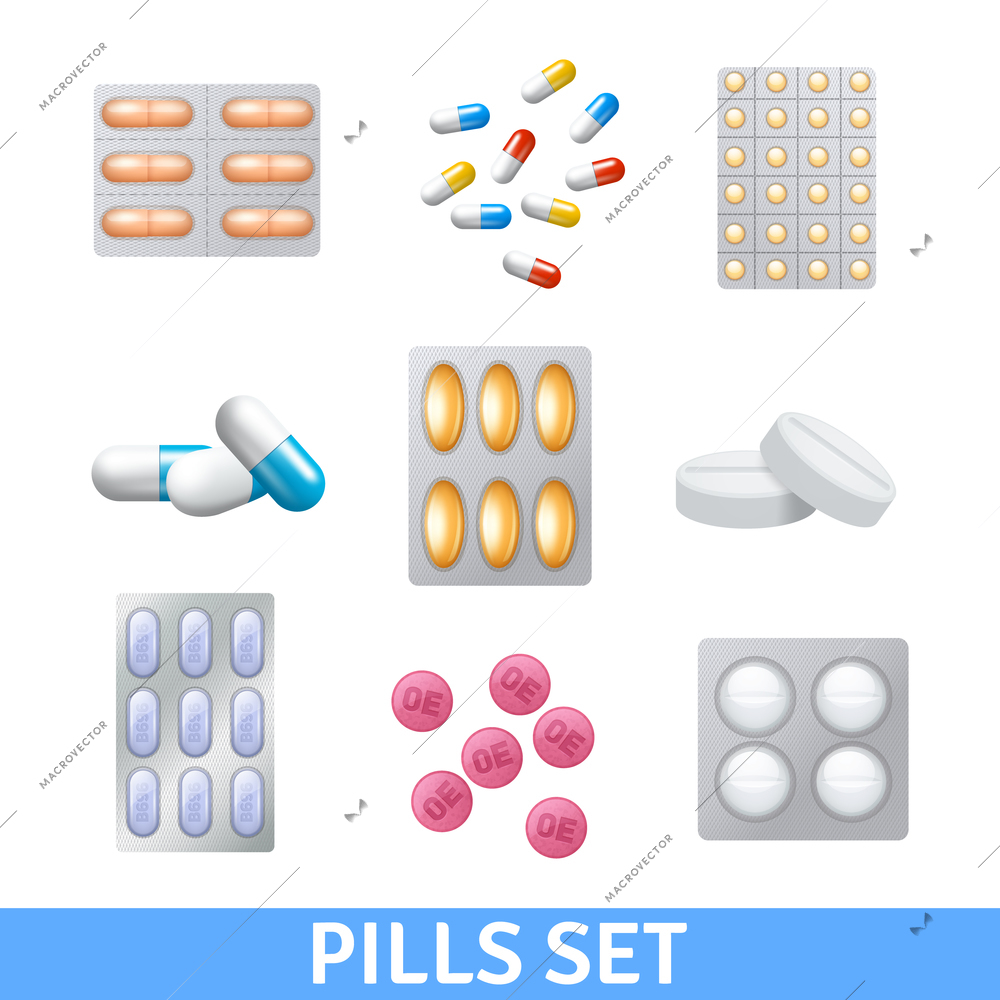 Realistic pills and granules in different colors icons set isolated vector illustration