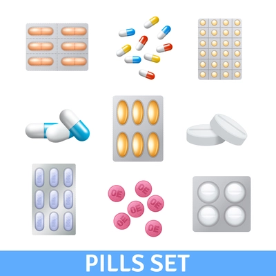 Realistic pills and granules in different colors icons set isolated vector illustration