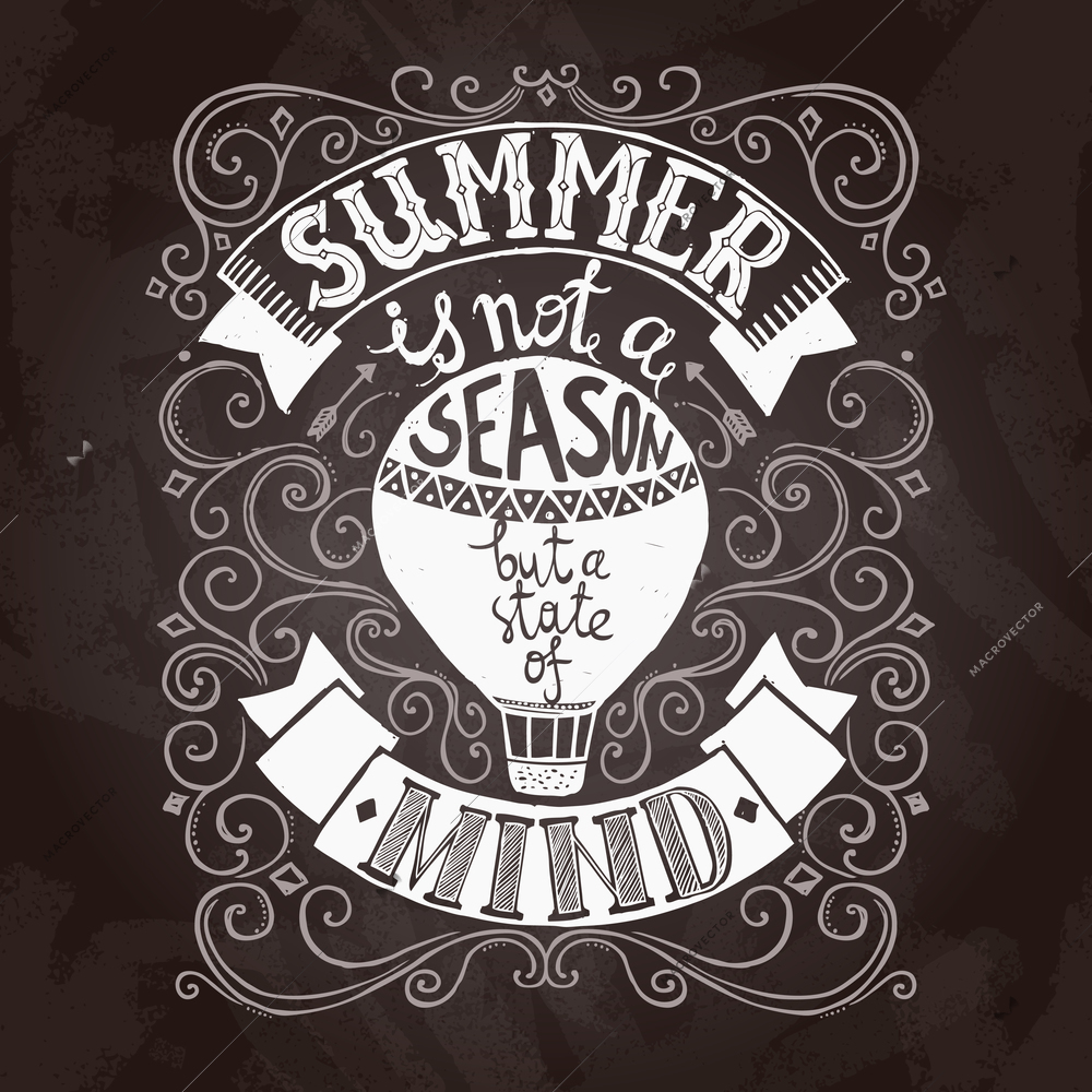 Hand drawn black and white summer poster with hot air balloon vector illustration