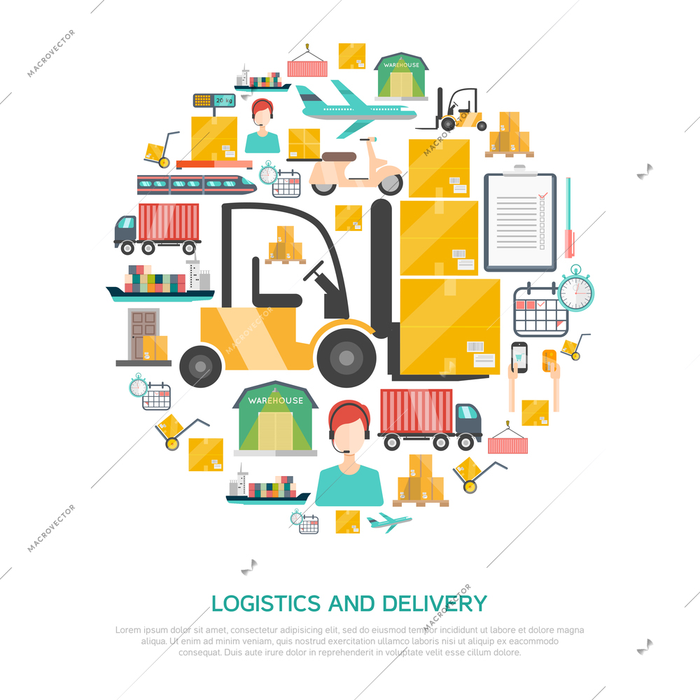Logistics and transportation concept with storage and delivery symbols flat vector illustration