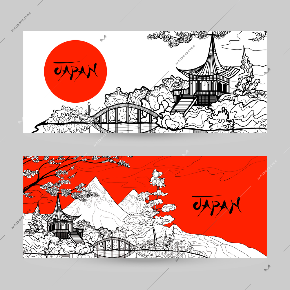 Japan horizontal banner set with sunrise pagoda landscape hand drawn isolated vector illustration