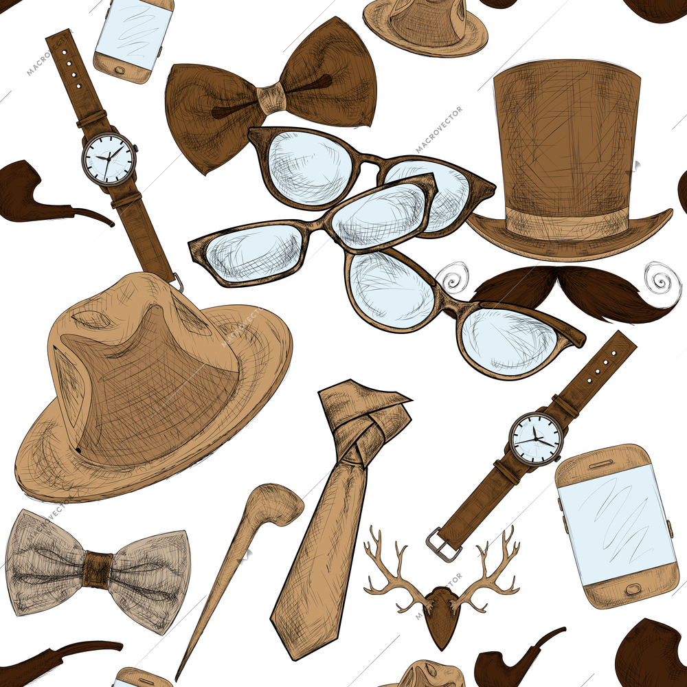 Seamless hand drawn hipster accessories pattern background vector illustration