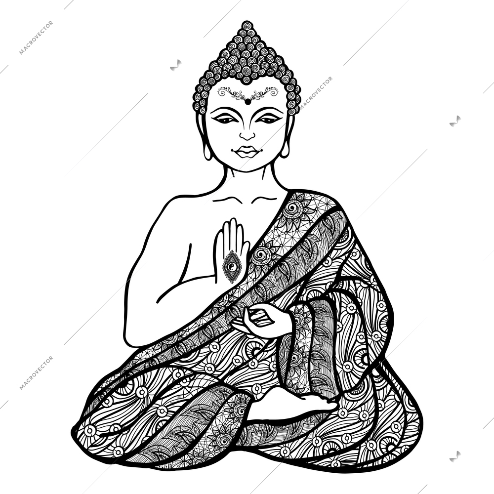 Decorative buddha in lotus position in ornamental cloth sketch vector illustration