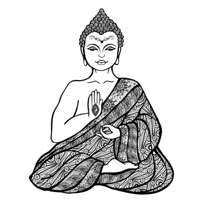 Decorative buddha in lotus position in ornamental cloth sketch vector illustration