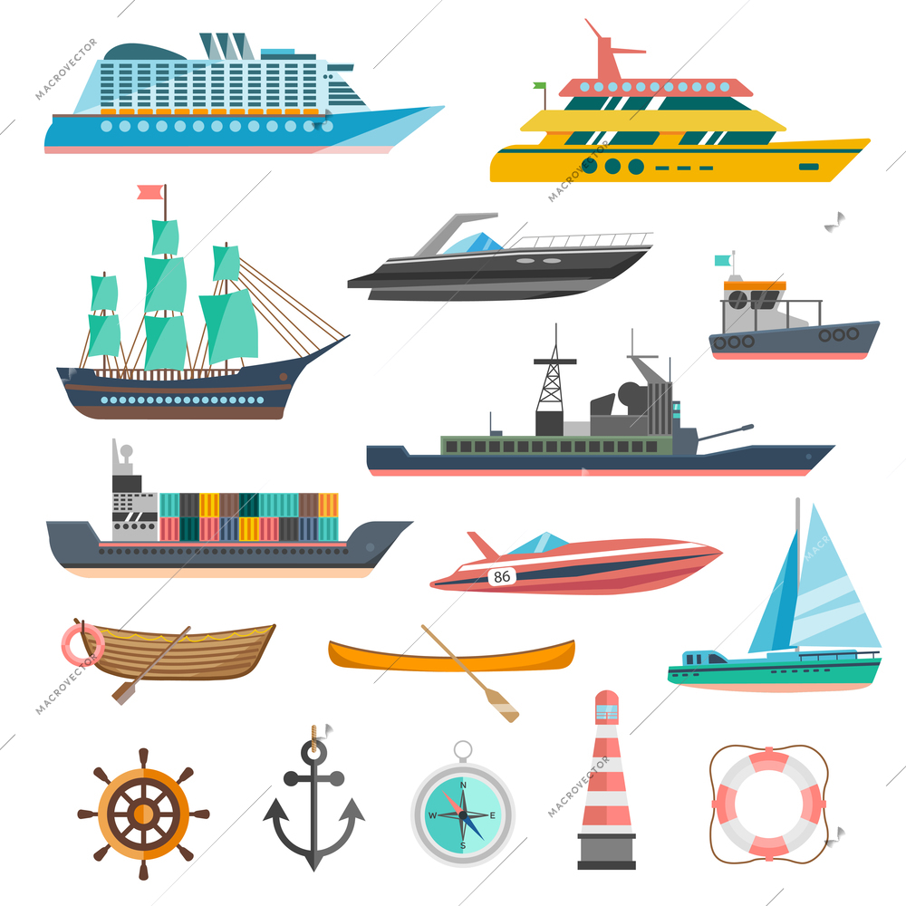 Ships yachts and boats icons set with navigation symbols flat isolated vector illustration