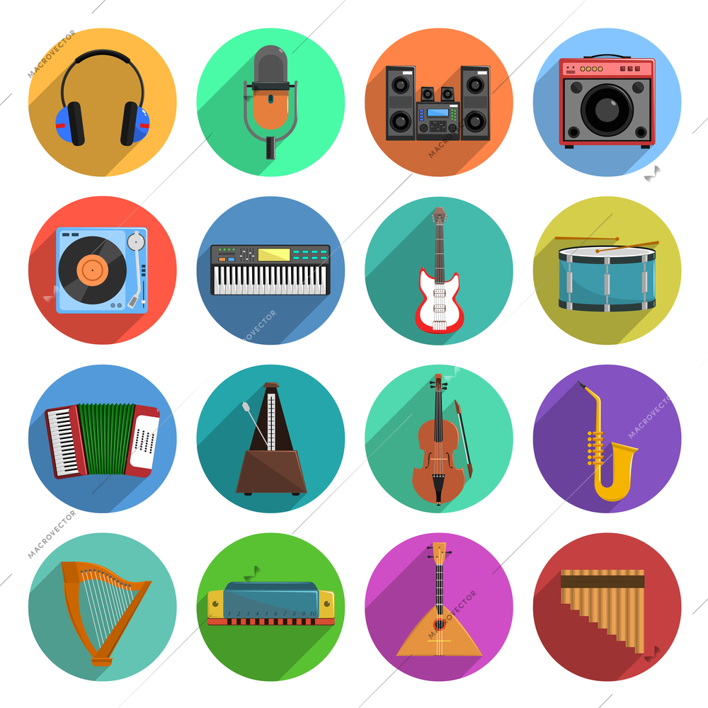 Melody and music round shadow icons set with musical instruments flat isolated vector illustration