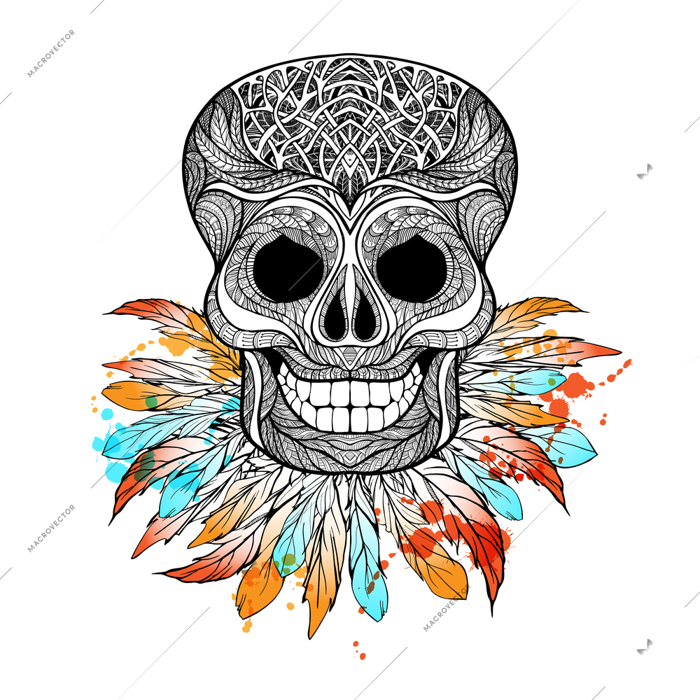 Tribal skull with decorative ornament and color feathers hand drawn vector illustration