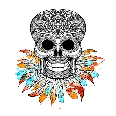 Tribal skull with decorative ornament and color feathers hand drawn vector illustration