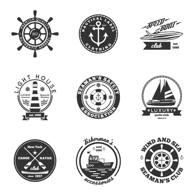 Nautical black white labels set with speed boat yacht and canoeing clubs flat isolated vector illustration