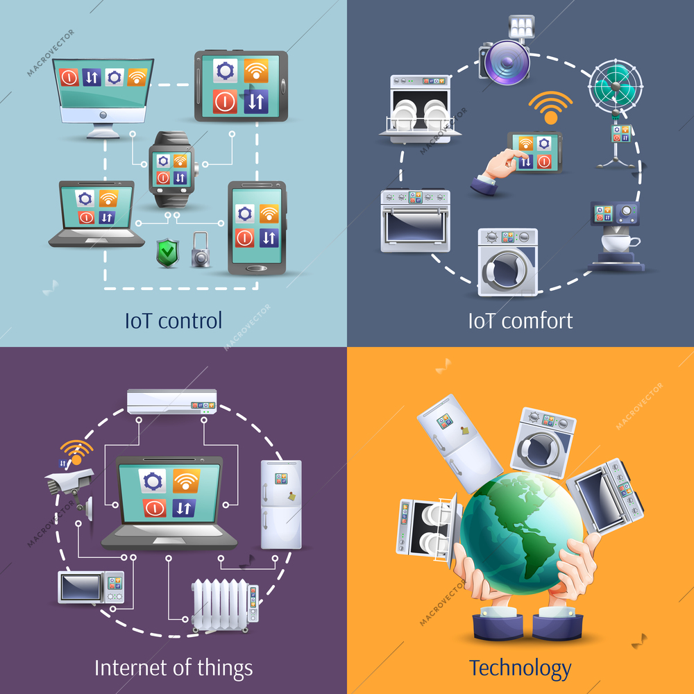 Internet of things  iot smart home comfort 4 flat icons composition square banner abstract isolated vector illustration