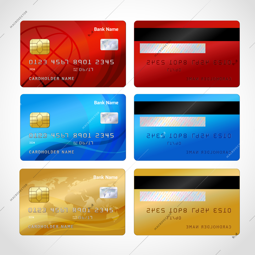 Realistic credit cards set isolated vector illustration