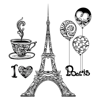 Decorative Eiffel Tower and Paris vacation symbols set hand drawn isolated vector illustration