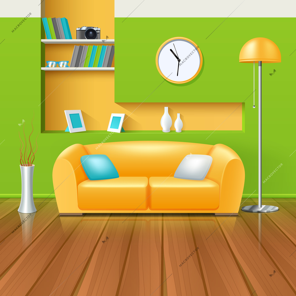Modern interior in green yellow color range design with sofa vase and clock realistic vector illustration