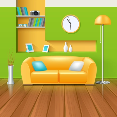 Modern interior in green yellow color range design with sofa vase and clock realistic vector illustration