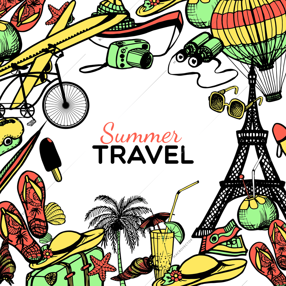 Travel doodle frame with holiday symbols hand drawn vector illustration