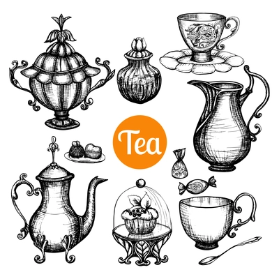 Hand drawn retro tea set with teapot cup cake isolated vector illustration