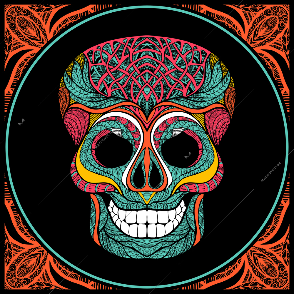 Human skull with colored ornament and lace pattern frame vector illustration